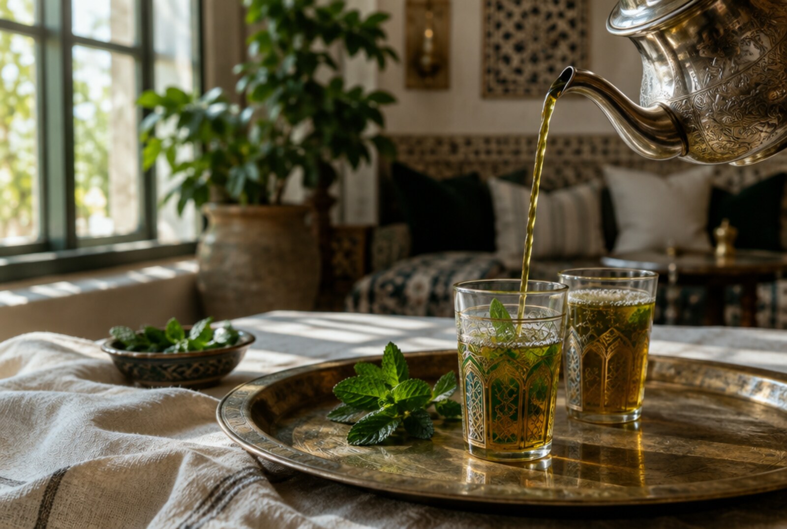 Thé à la menthe versé dans un verre décoré, en lumière du matin